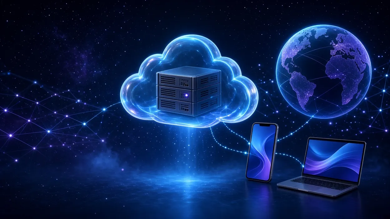 A private server inside a glowing cloud connected to a globe, phone, and laptop